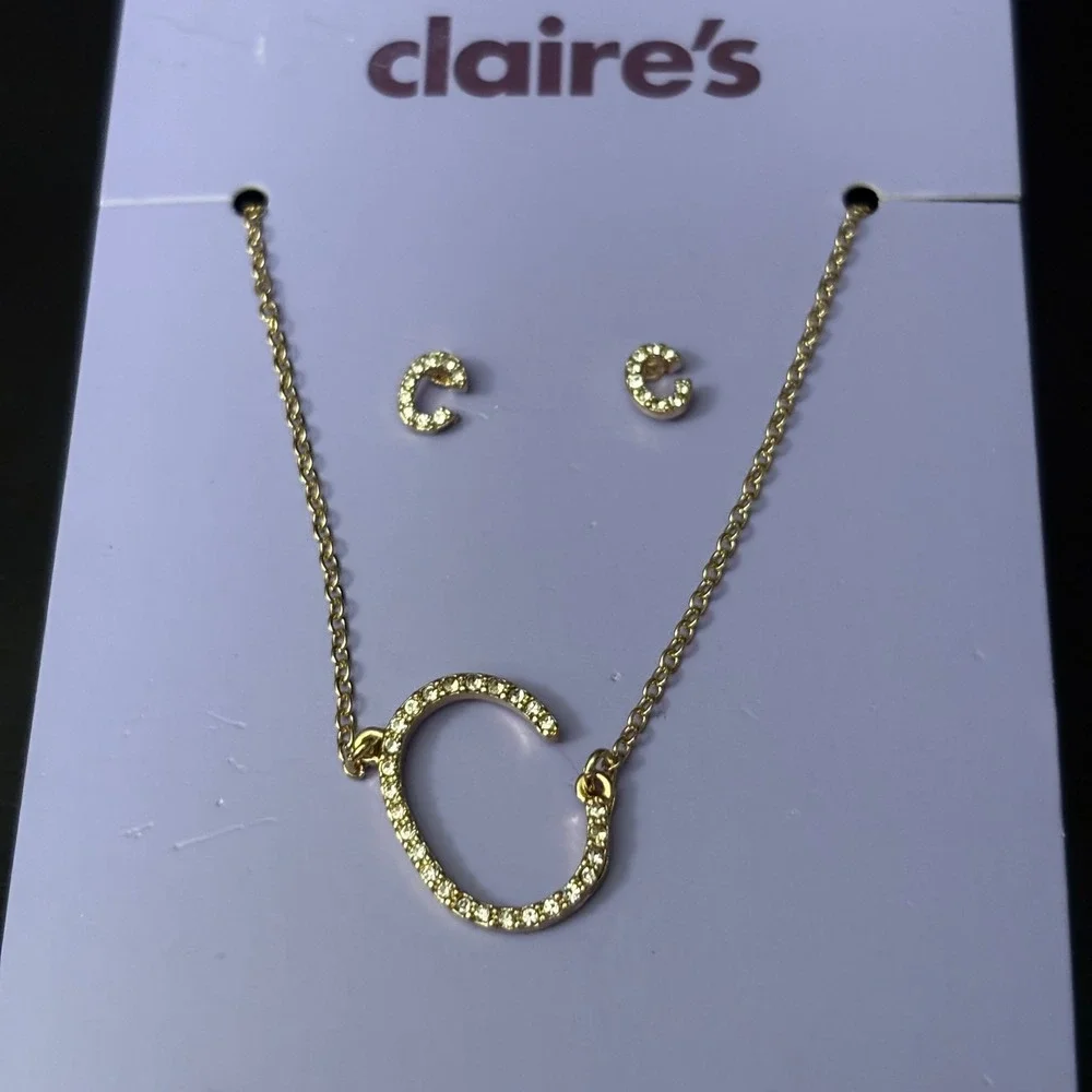 NWT Claires Gold Initial C Necklace and Earrings‎ Set Rhinestone Letter Jewelry